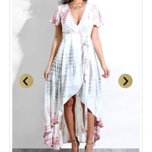 Aakaa Pink and Grey Tie Dye Wrap Tie Maxi Dress